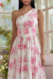 One Shoulder White A Line Floral Wedding Guest Dress
