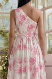 One Shoulder White A Line Floral Wedding Guest Dress