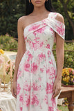 White Floral One Shoulder A Line Midi Wedding Guest Dress