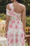 White Floral One Shoulder A Line Midi Wedding Guest Dress