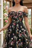 Black Off the Shoulder Floral A Line Midi Wedding Guest Dress