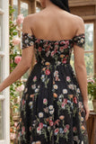 Black Off the Shoulder Floral A Line Midi Wedding Guest Dress