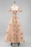 Black Off the Shoulder Floral A Line Midi Wedding Guest Dress