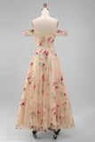 Black Off the Shoulder Floral A Line Midi Wedding Guest Dress