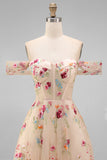 Black Off the Shoulder Floral A Line Midi Wedding Guest Dress