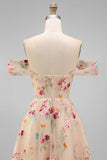 Black Off the Shoulder Floral A Line Midi Wedding Guest Dress