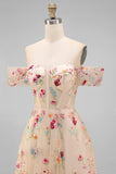 Black Off the Shoulder Floral A Line Midi Wedding Guest Dress