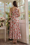 One Shoulder Pink A Line Floral Midi Wedding Guest Dress