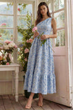 Blue One Shoulder Jacquard A Line Floral Wedding Guest Dress