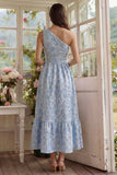 Blue One Shoulder Jacquard A Line Floral Wedding Guest Dress