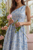 Blue One Shoulder Jacquard A Line Floral Wedding Guest Dress