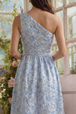 Blue One Shoulder Jacquard A Line Floral Wedding Guest Dress