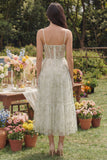 Light Green Floral Corset A Line Midi Wedding Guest Dress