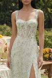 Floral Light Green Corset A Line Wedding Guest Dress with Slit