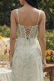 Floral Light Green Corset A Line Wedding Guest Dress with Slit
