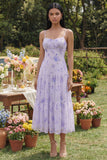 Lilac Floral A Line Midi Wedding Guest Dress