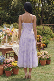 Lilac Floral A Line Midi Wedding Guest Dress