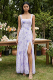 Floral Lilac Square Neck A Line Maxi Wedding Guest Dress with Slit