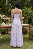 Floral Lilac Square Neck A Line Maxi Wedding Guest Dress with Slit