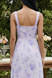 Floral Lilac Square Neck A Line Maxi Wedding Guest Dress with Slit