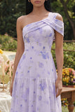 One Shoulder Lilac Floral A Line Midi Wedding Guest Dress