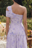 One Shoulder Lilac Floral A Line Midi Wedding Guest Dress