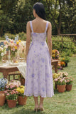 Floral Lilac A Line Square Neck Midi Wedding Guest Dress