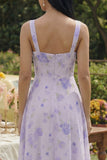 Floral Lilac A Line Square Neck Midi Wedding Guest Dress
