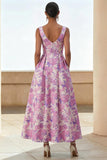 Lilac Flower A Line Scoop Neck Midi Wedding Guest Dress