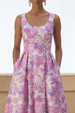 Lilac Flower A Line Scoop Neck Midi Wedding Guest Dress