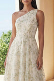 One Shoulder Floral Light Green A Line Wedding Guest Dress