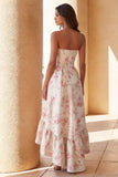 Strapless Floral White Pink Ruffled High Low Wedding Guest Dress