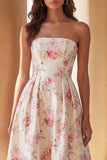 Strapless Floral White Pink Ruffled High Low Wedding Guest Dress