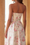 Strapless Floral White Pink Ruffled High Low Wedding Guest Dress