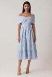 Off the Shoulder Blue Jacquard A Line Midi Wedding Guest Dress