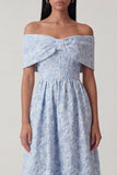 Off the Shoulder Blue Jacquard A Line Midi Wedding Guest Dress