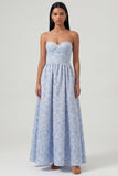 Blue Strapless Jacquard A Line Maxi Wedding Guest Dress