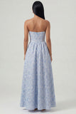 Blue Strapless Jacquard A Line Maxi Wedding Guest Dress