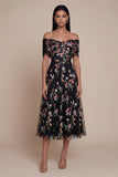 Black Off the Shoulder Floral Embroidered Midi Wedding Guest Dress