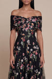Black Off the Shoulder Floral Embroidered Midi Wedding Guest Dress