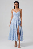Strapless Blue A Line Jacquard Midi Wedding Guest Dress
