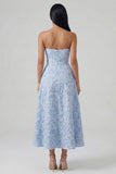 Strapless Blue A Line Jacquard Midi Wedding Guest Dress