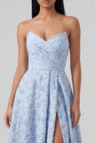 Strapless Blue A Line Jacquard Midi Wedding Guest Dress
