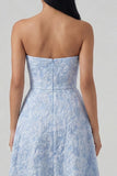 Strapless Blue A Line Jacquard Midi Wedding Guest Dress