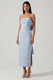 Strapless Blue Jacquard Sheath Midi Wedding Guest Dress with Bow