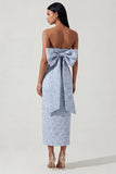 Strapless Blue Jacquard Sheath Midi Wedding Guest Dress with Bow