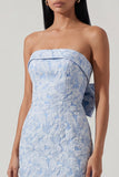 Strapless Blue Jacquard Sheath Midi Wedding Guest Dress with Bow