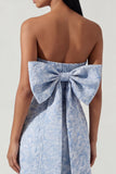 Strapless Blue Jacquard Sheath Midi Wedding Guest Dress with Bow