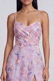 Lilac Floral Applique A Line Midi Wedding Guest Dress with Slit