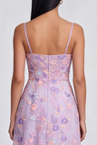 Lilac Floral Applique A Line Midi Wedding Guest Dress with Slit